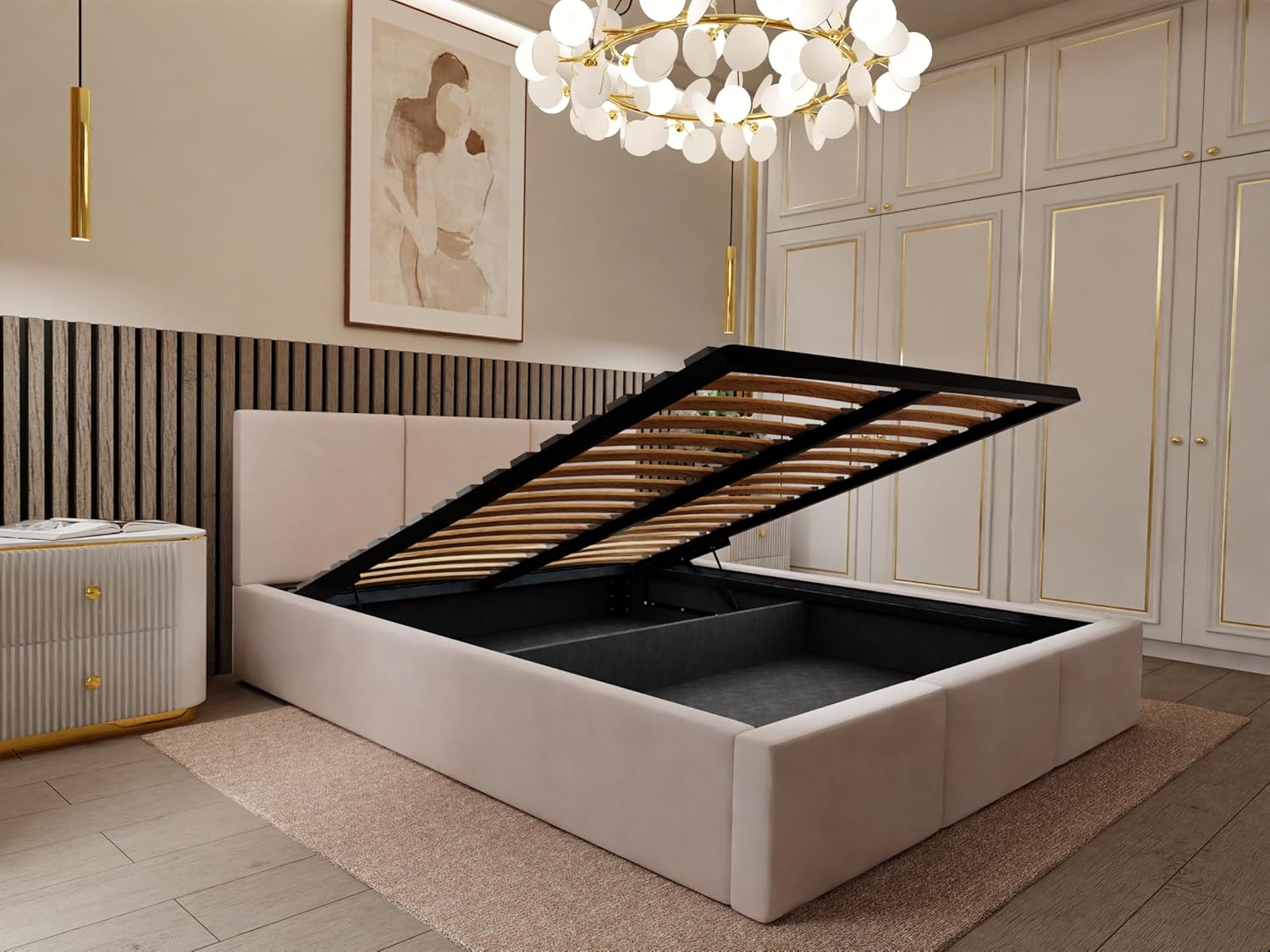 Muralo - Polsterbett 120x200 cm mit Bettkasten und gestepptem Kopfteil - Doppelbett - Ohne Matratze - Jugendbett - Stilvolles Schlafzimmer-Bett - Creme