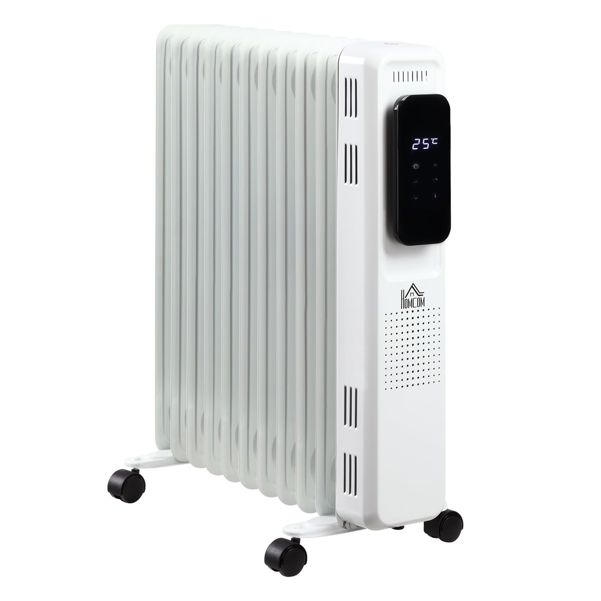 HOMCOM Draagbare elektrische olieradiator, 2500W, 3 warmtestanden, 24-uurs timer, 11 verwarmingspanelen met 4 wielen, wit staal, 50,5 x 24 x 63 cm