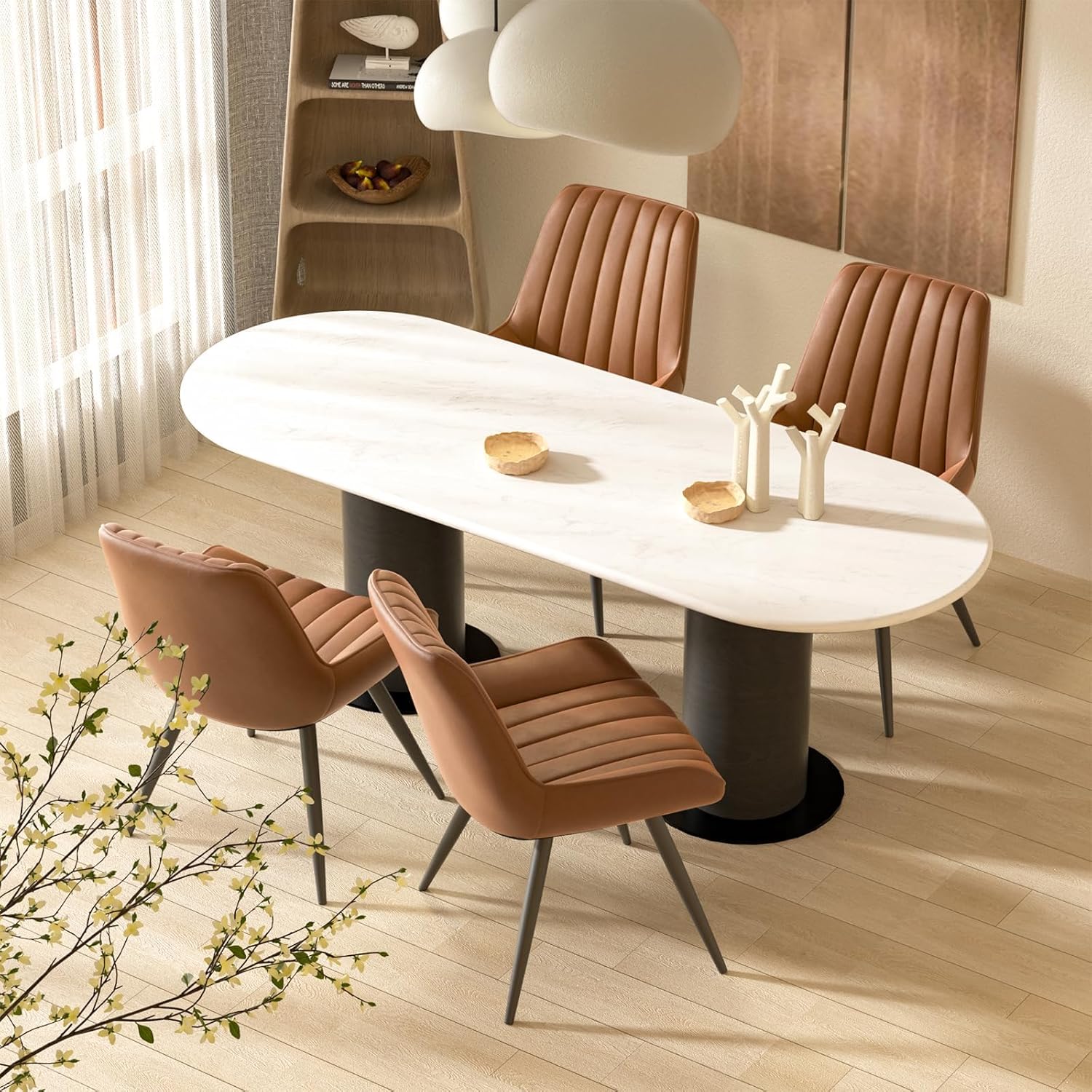 Esszimmerstühle 2er Set | Polsterstühle mit 10 cm Sitzkissen • künstlicher Stoff Dining Chair • Küchenstuhl mit Rückenlehne • Moderne Sessel • Metallbeine • Braun