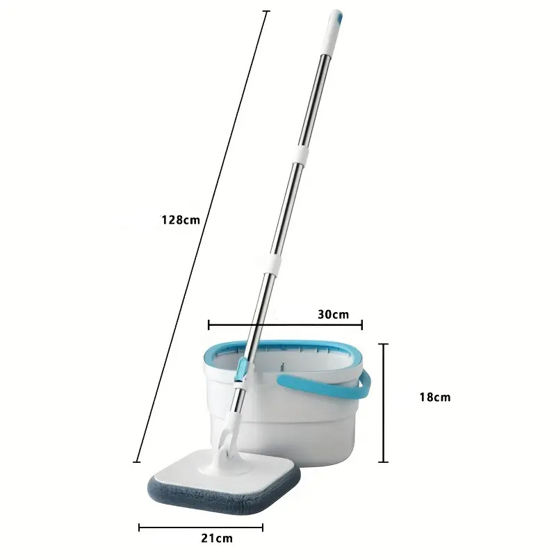(5-tlg. Set) Dreh Wisch Mopp Bodenreiniger mit Auswringfunktion / Doppelkammer Eimer / Mikrofaser Pads - Weiss / Blau