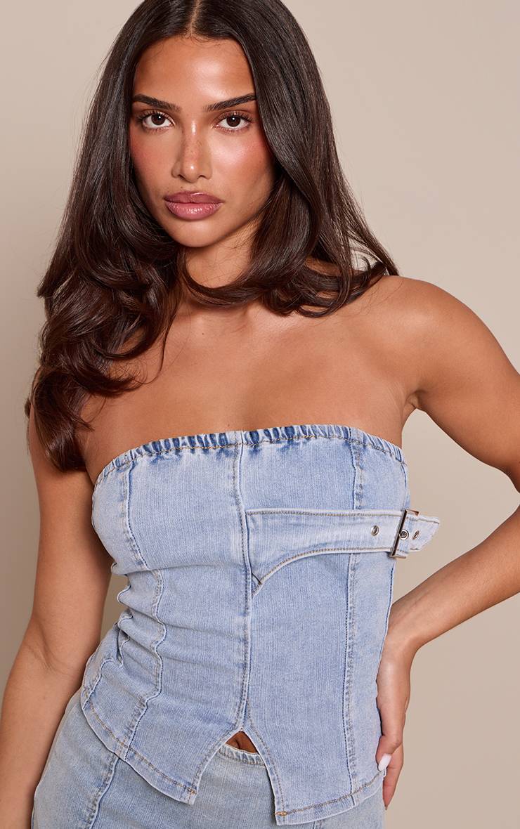 Bleu Clair Corset Bustier Longline En Denim Petite