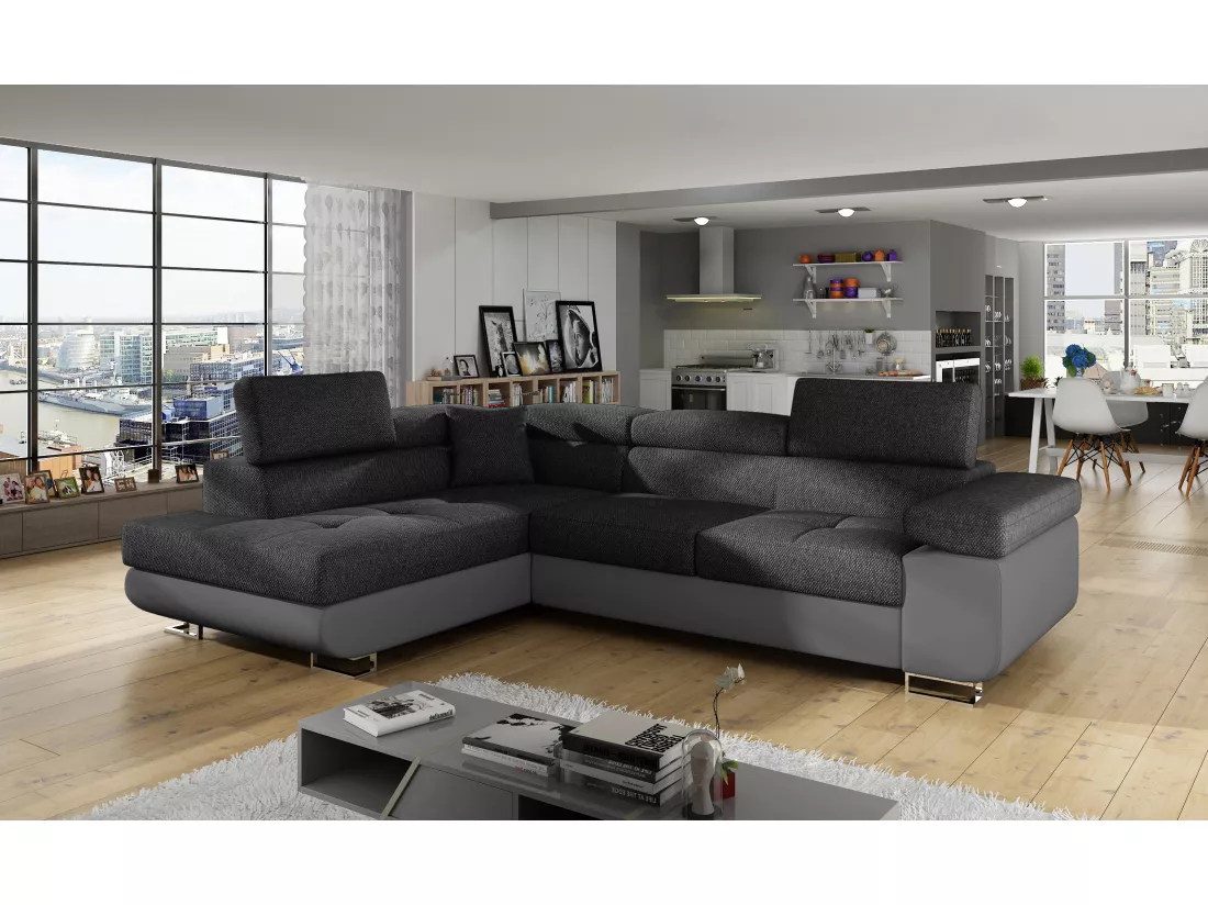 Canapé d'angle gauche convertible tissu gris foncé chiné et simili gris Marka 275cm