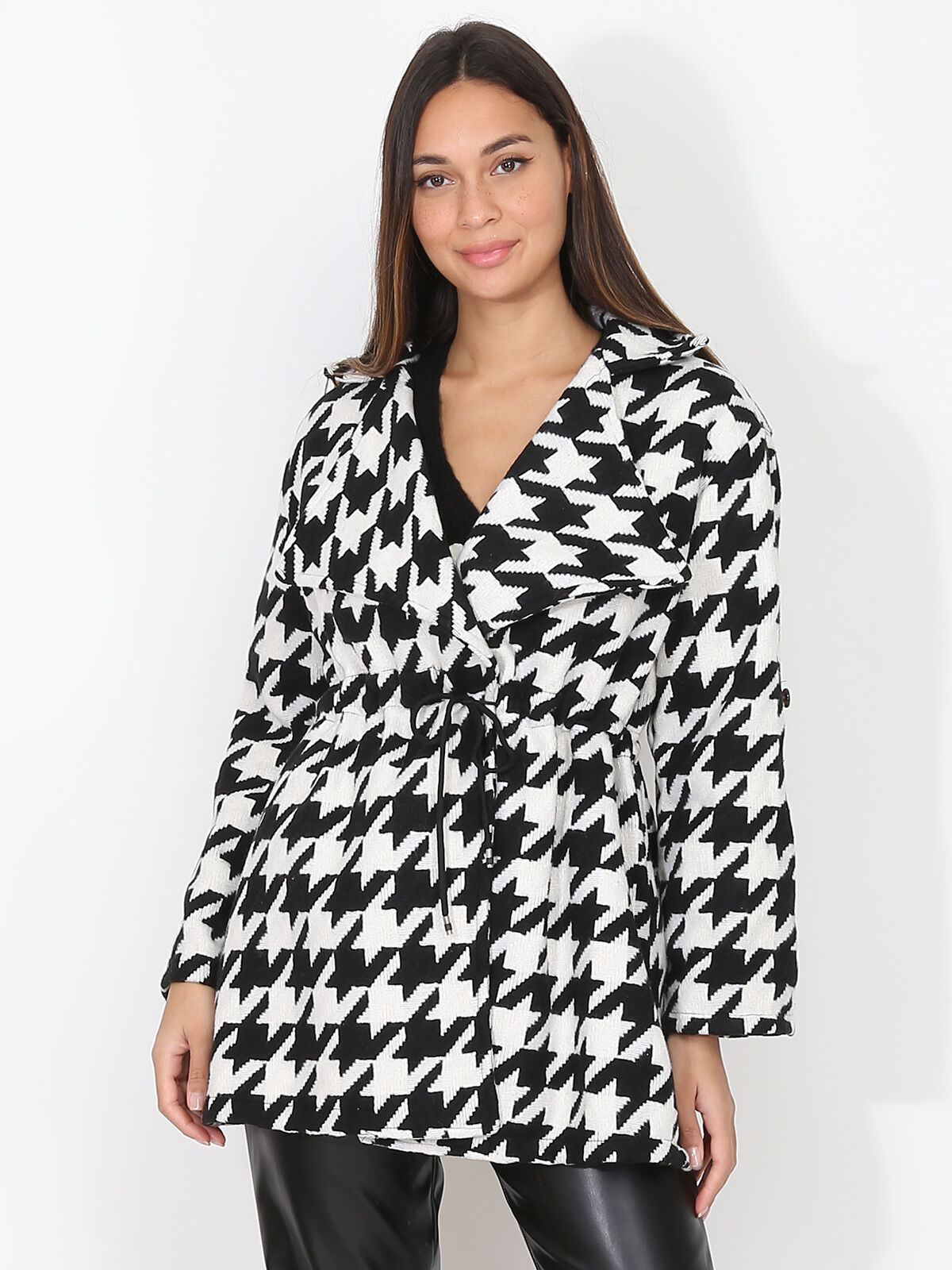 Manteau court à motif pied-de-poule- Noir et Blanc