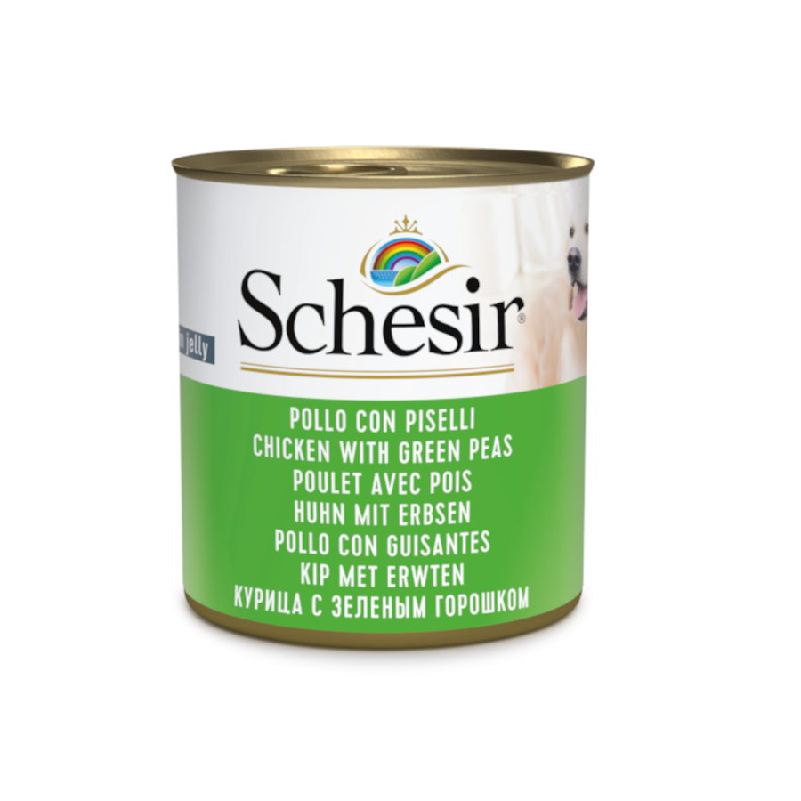 Lata de 285g Schesir Adult com frango e ervilhas para cães.