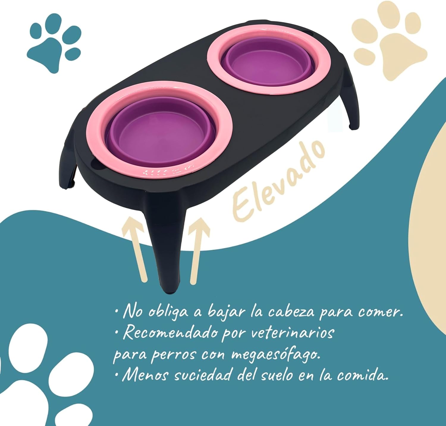 Comedouro elevado para cães EL ÁTICO PETS com bebedouro anti-respingos. Comedouro removível anti-engasgo.