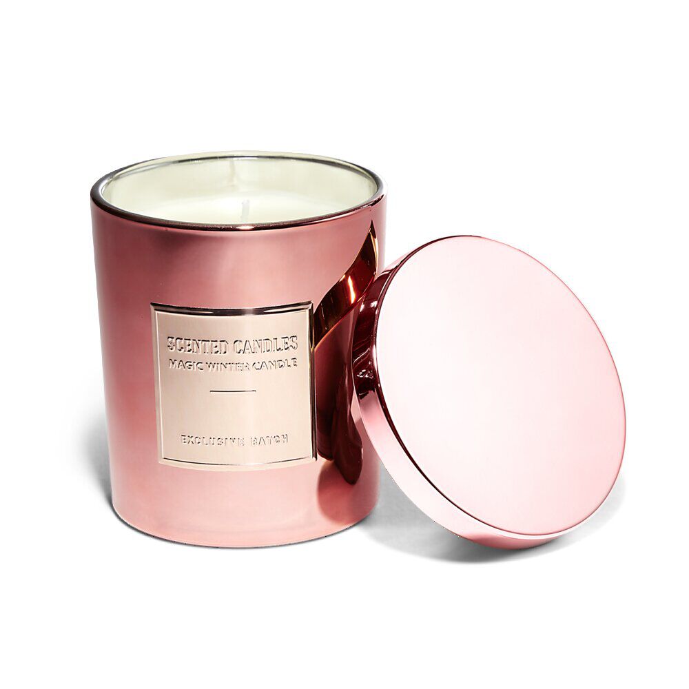 Bougie avec couvercle pot métallisé rose gold senteur pain d'épices 25H