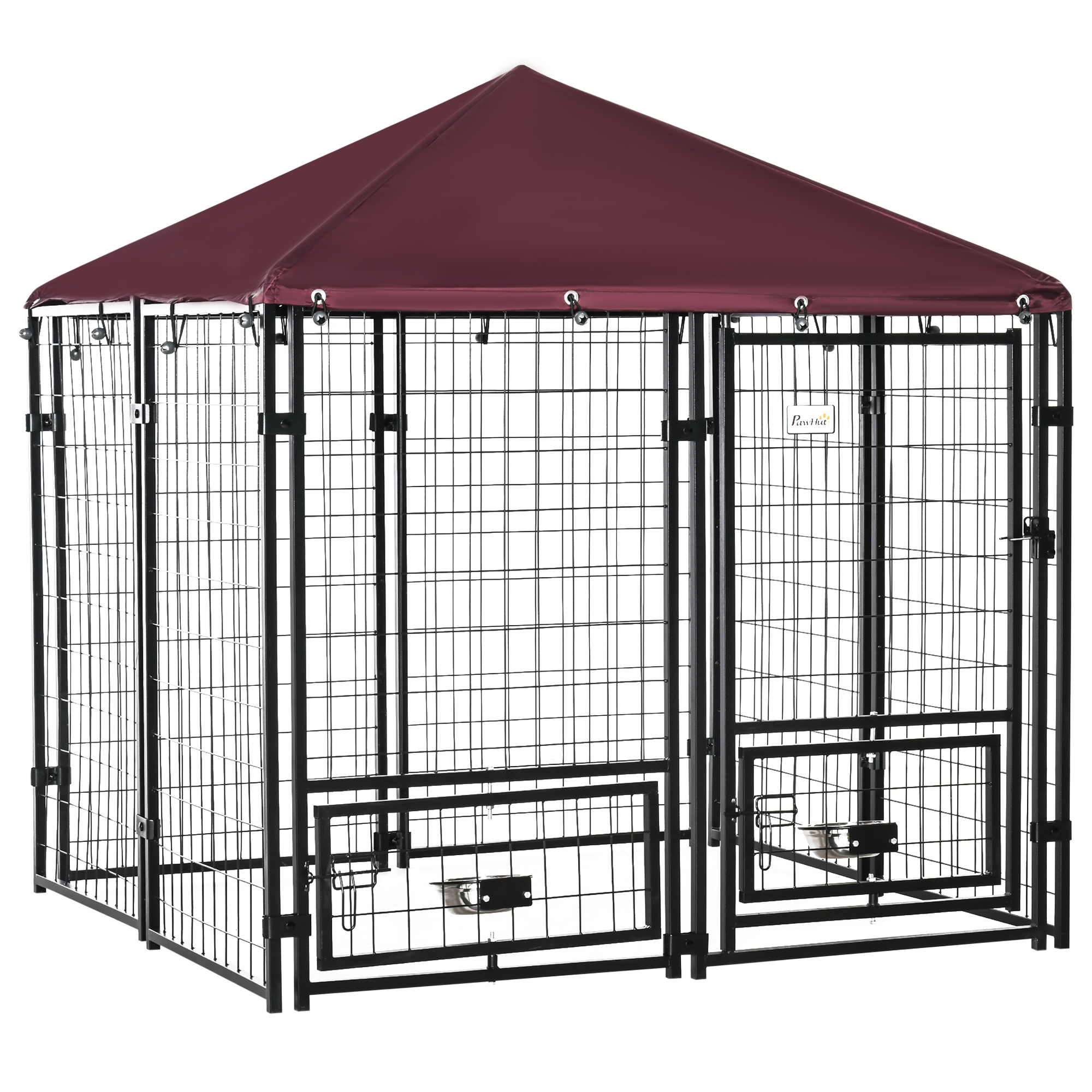 Canil PawHut de 8 painéis, cercado metálico para exterior com 2 suportes giratórios para comida, 2 tigelas e cobertura impermeável e resistente aos raios UV, 141 x 141 x 153 cm, preto e vermelho.