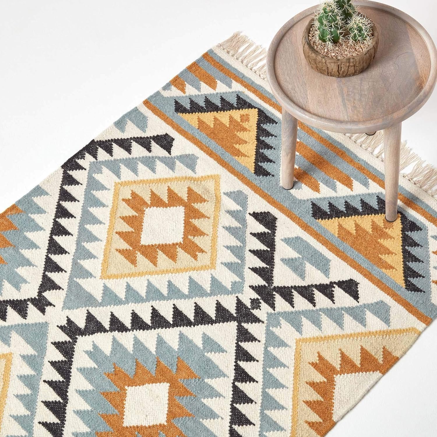 Homescapes Kelim-Teppich Agra, handgewebt aus Wolle/Baumwolle, 160 x 230 cm, bunter Wollteppich/Baumwollteppich mit geometrischem Muster und Fransen, Gold-grau-schwarz