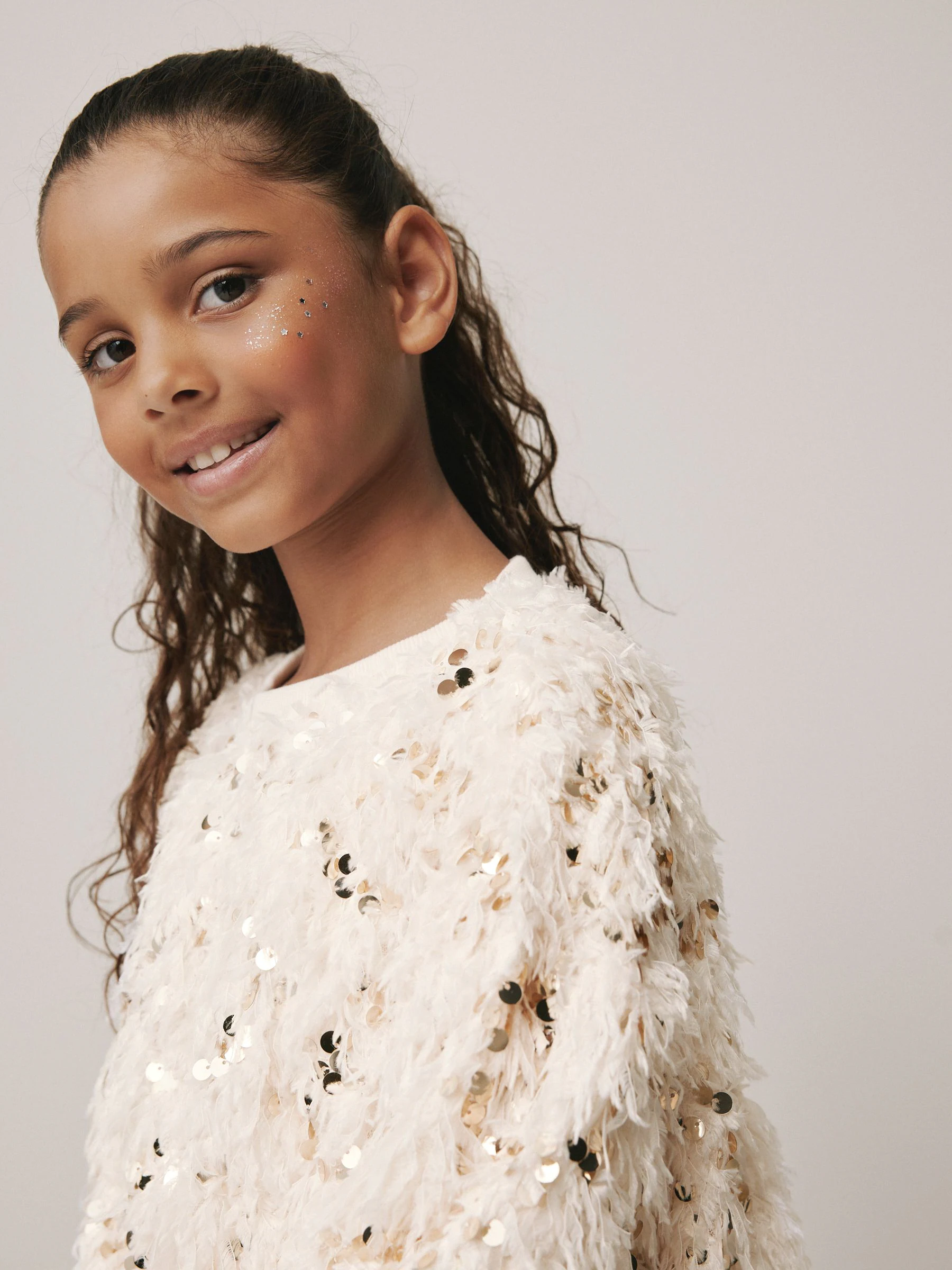 Crème/Goud wollige Pailletten - Party-set met top en flared legging (3-16jaar)