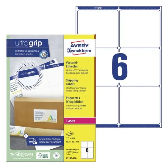 Shippingetiket Avery Zweckform QuickPEEL™ 99,1x93,1 mm hvid - (100 ark x 6 stk.)
