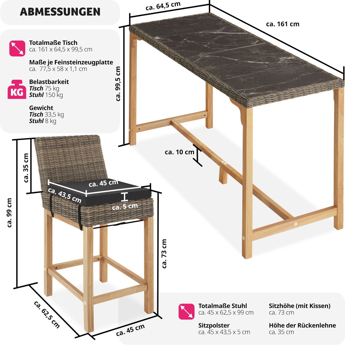 Lovas rotan tafel met 6 Latina stoelen van tectake, met aluminium frames en houten poten.