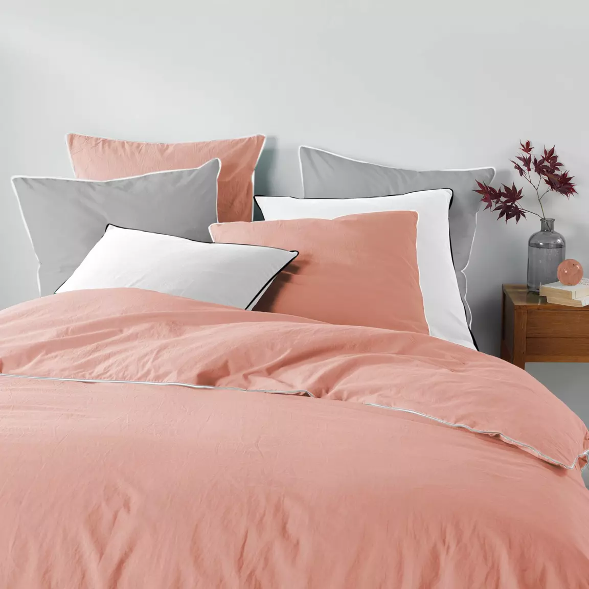 Housse de couette et deux taies coton lavé (240 cm) Linette Rose