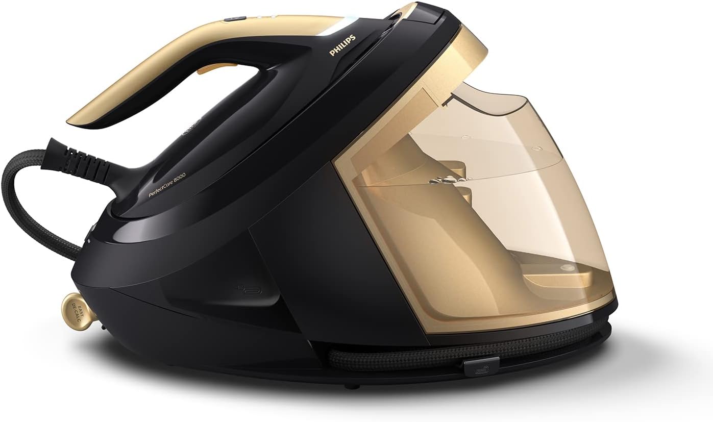 Philips PerfectCare Series 8000 Dampfbügelstation – 2700 W, Dampfstoß 700 g, Druck 8,5 bar, OptimalTEMP-Technologie, 1,8-Liter-Wasserbehälter, schwarz/golden (PSG8140/80)