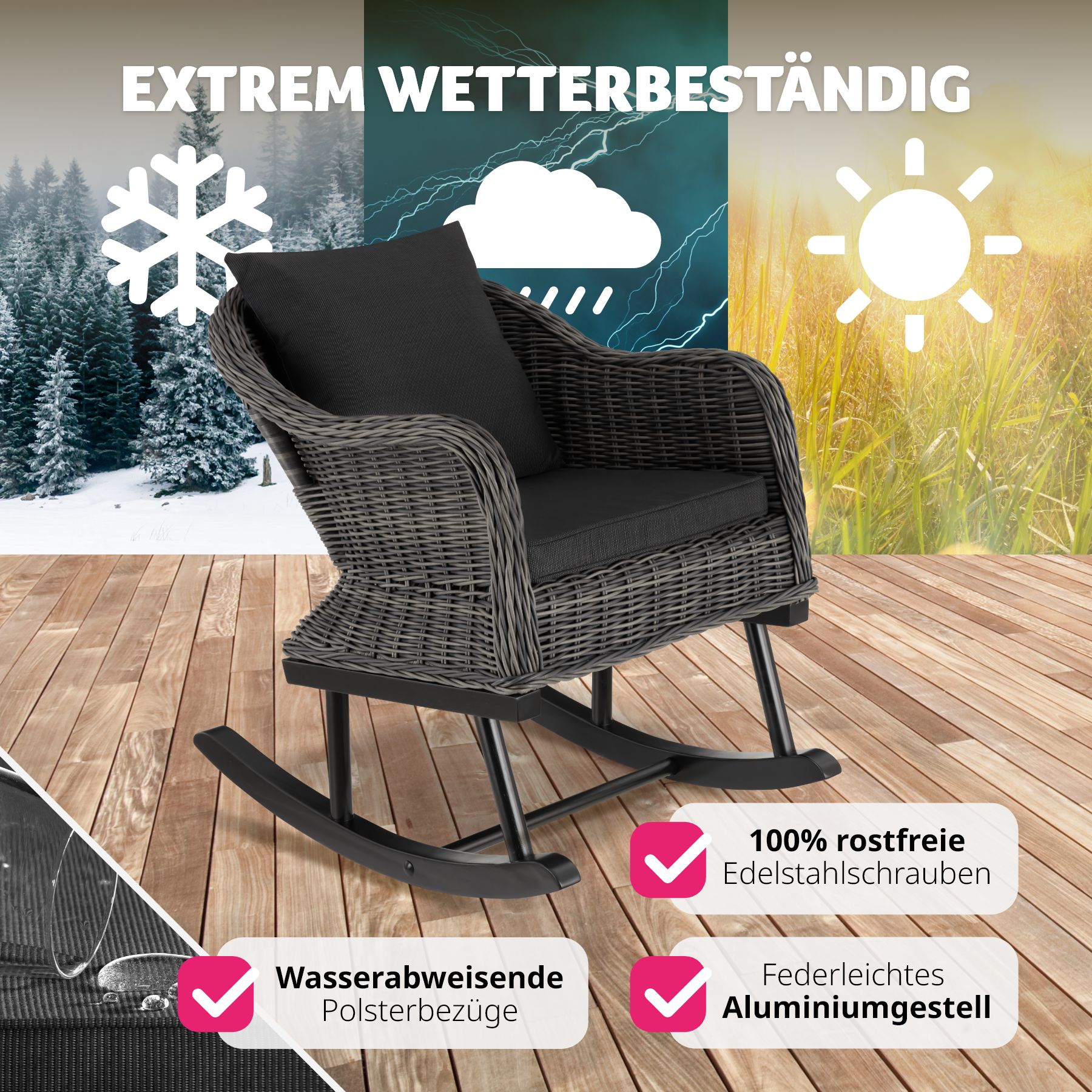 tectake® Rattan Schaukelstuhl, natürlich nachempfundenes Geflecht mit Aluminiumgestell, 150 kg, 57,5 x 85 x 73 cm