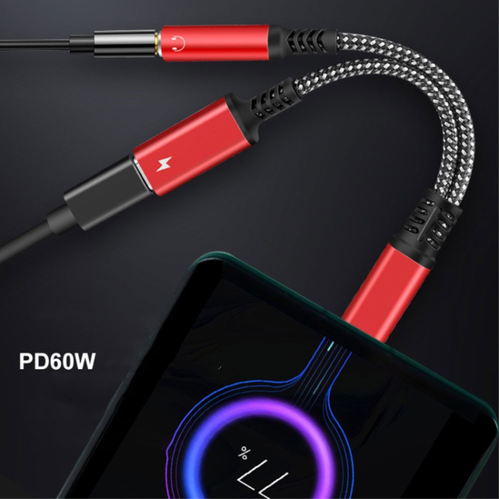 (10cm) USB C auf 3.5mm Kopfhöreranschluss und USB C Port Nylon Kabel mit Power Delivery (60W) - Silber