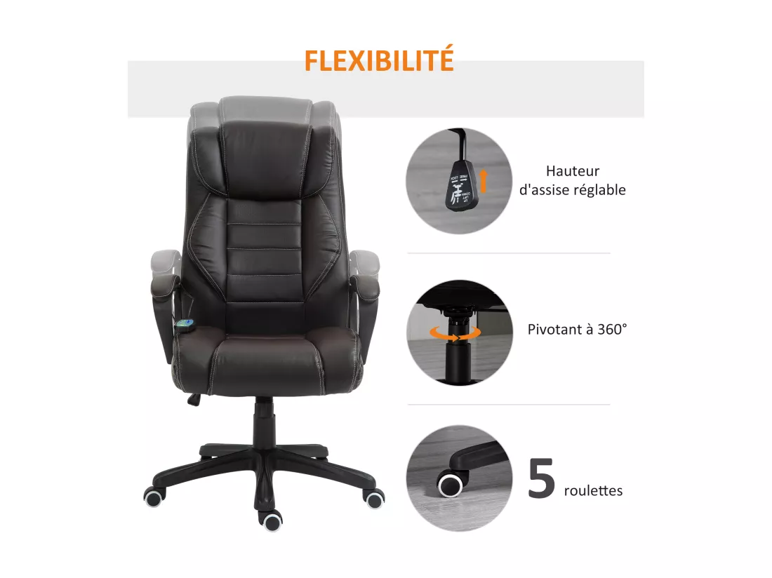 Fauteuil de bureau direction massant grand confort hauteur réglable fonction dossier à bascule revêtement synthétique chocolat
