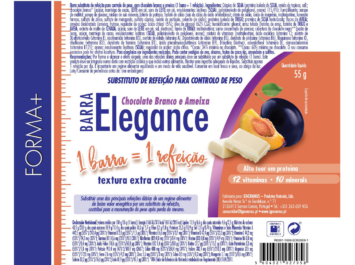 BARRA FORMA  ELEGANCE PLUS CEREAIS AMEIXA CHOCOLATE BRANCO 55G