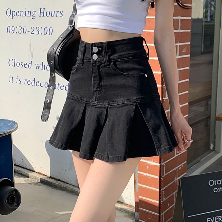 Notica - Hoge taille geplooide denim mini A-lijn rok