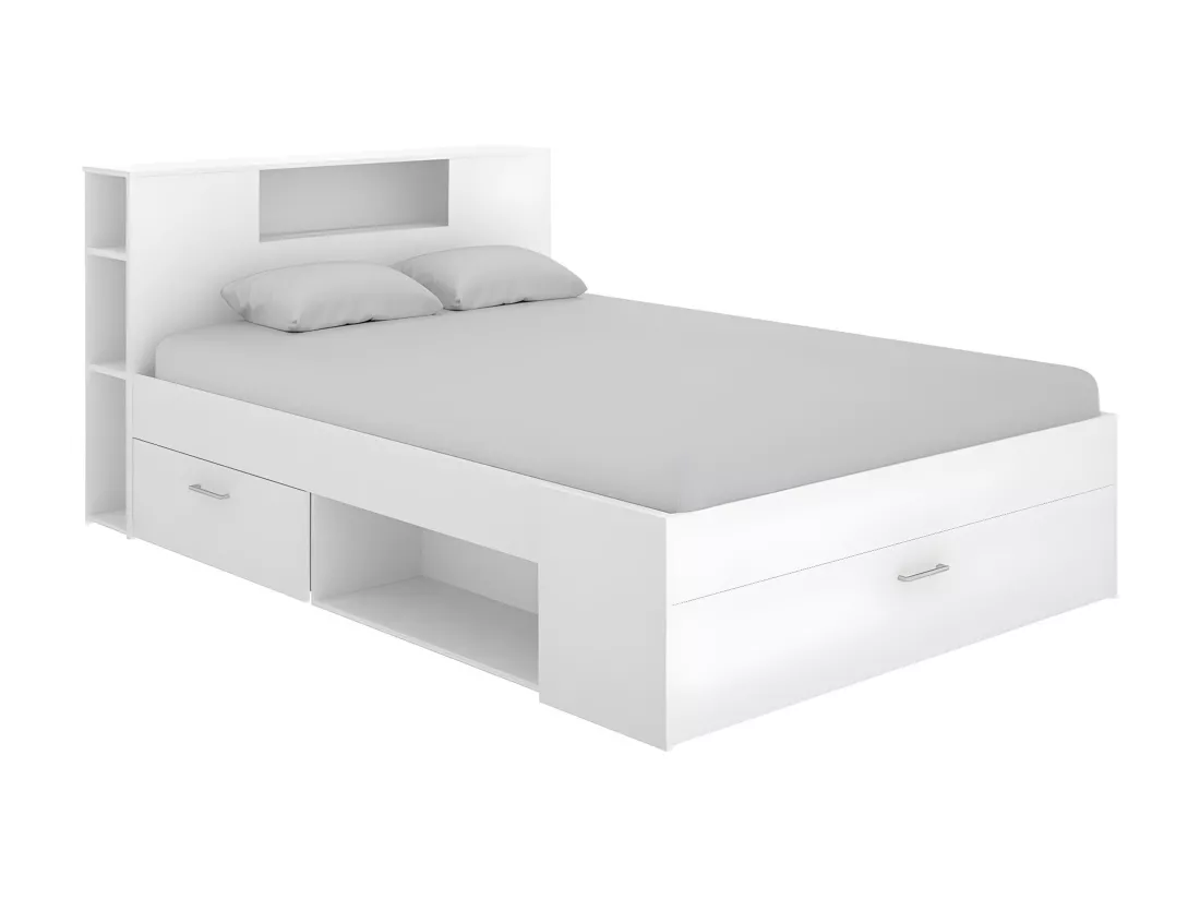 Lit avec tête de lit rangements et tiroirs - 140 x 190 cm - Coloris : Blanc - LEANDRE