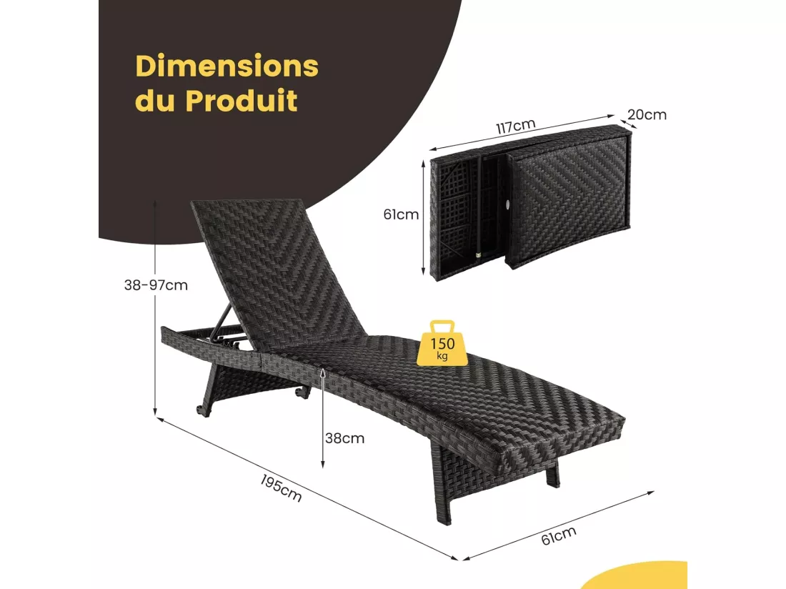 Bain de Soleil Pliable en Rotin et fibre naturelle PE, Chaise Longue Pliante de Jardin avec Cadre en Métal et Dossier Réglable, Transat avec Roues Arrière, pour Terrasse, Piscine, Cour, Charge 150 KG