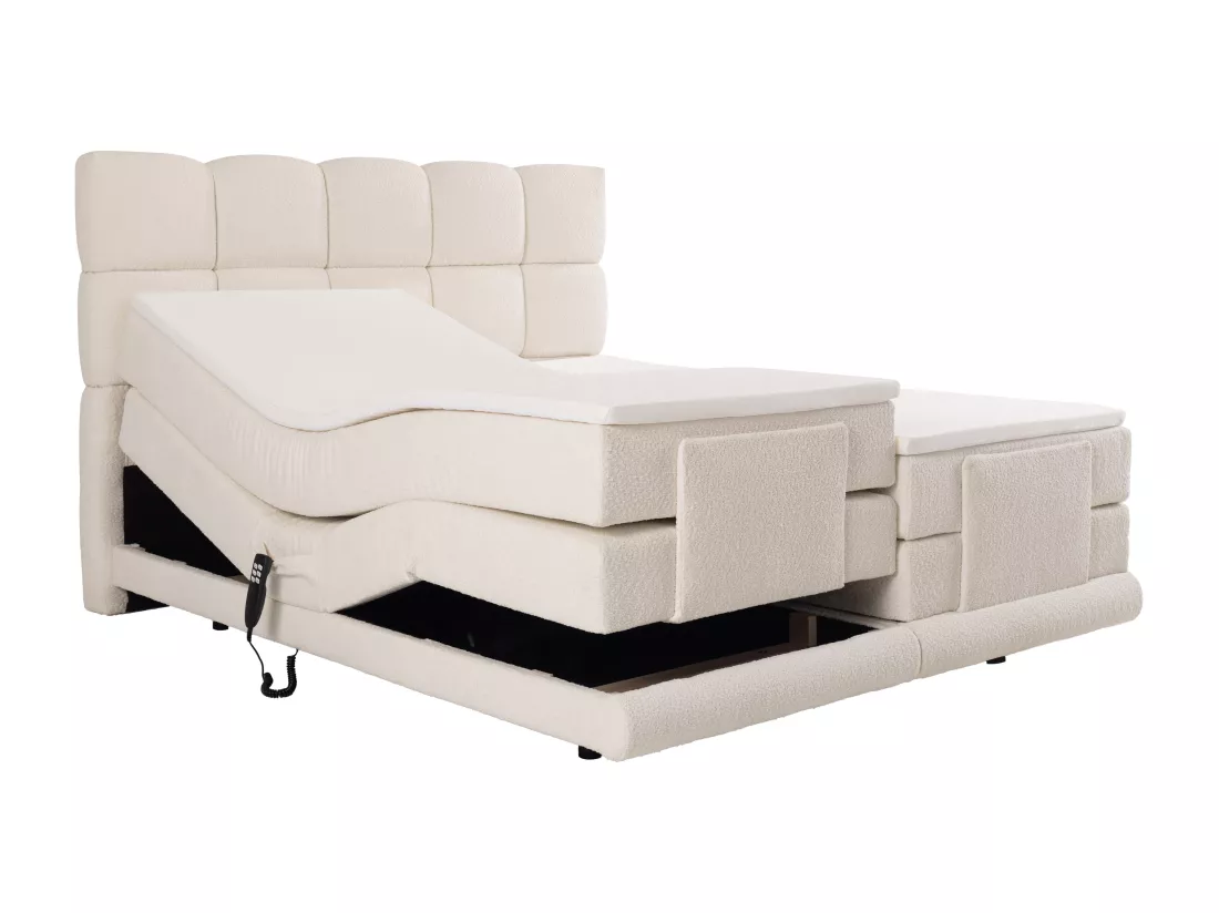 Ensemble complet boxspring tête de lit + sommiers relaxation électrique + matelas + surmatelas - 2 x 80 x 200 cm - Tissu bouclette - Beige - OMILA de PALACIO