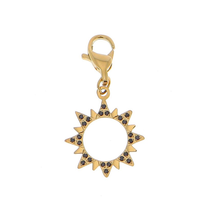Charm soleil en acier doré orné de strass noirs