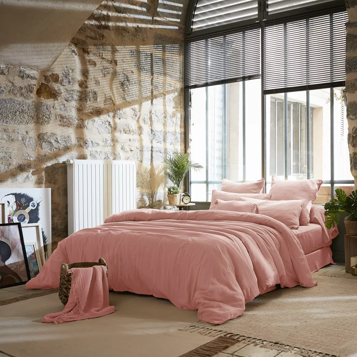Drap plat gaze de coton (240 x 300 cm) Gaïa Rose pêche