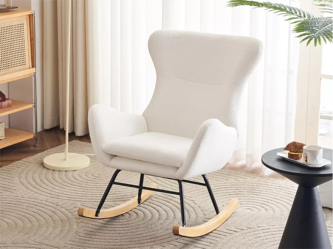 Fauteuil à bascule en tissu bouclette - structure en métal - pieds en bois massif - Blanc