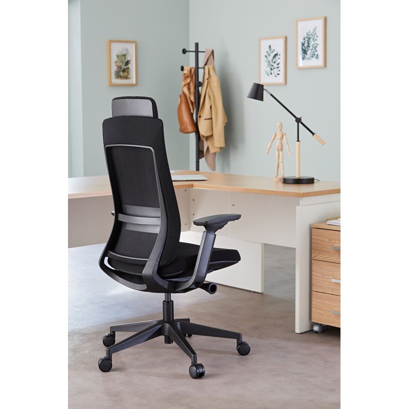 Chaise de bureau MARCUS tissu et maille - avec accoudoirs, appui-tête, réglage profondeur d'assise et soutien lombaire - Mécanisme Synchrone - Pieds noir