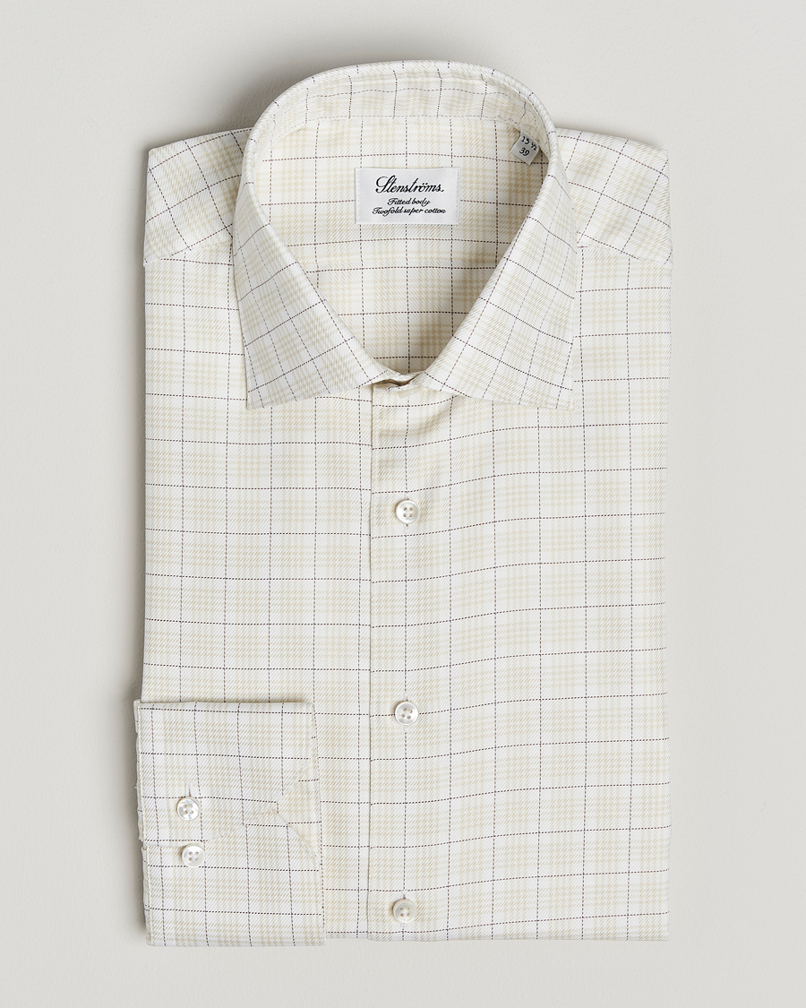 Stenströms Fitted Body Checked Shirt Beige