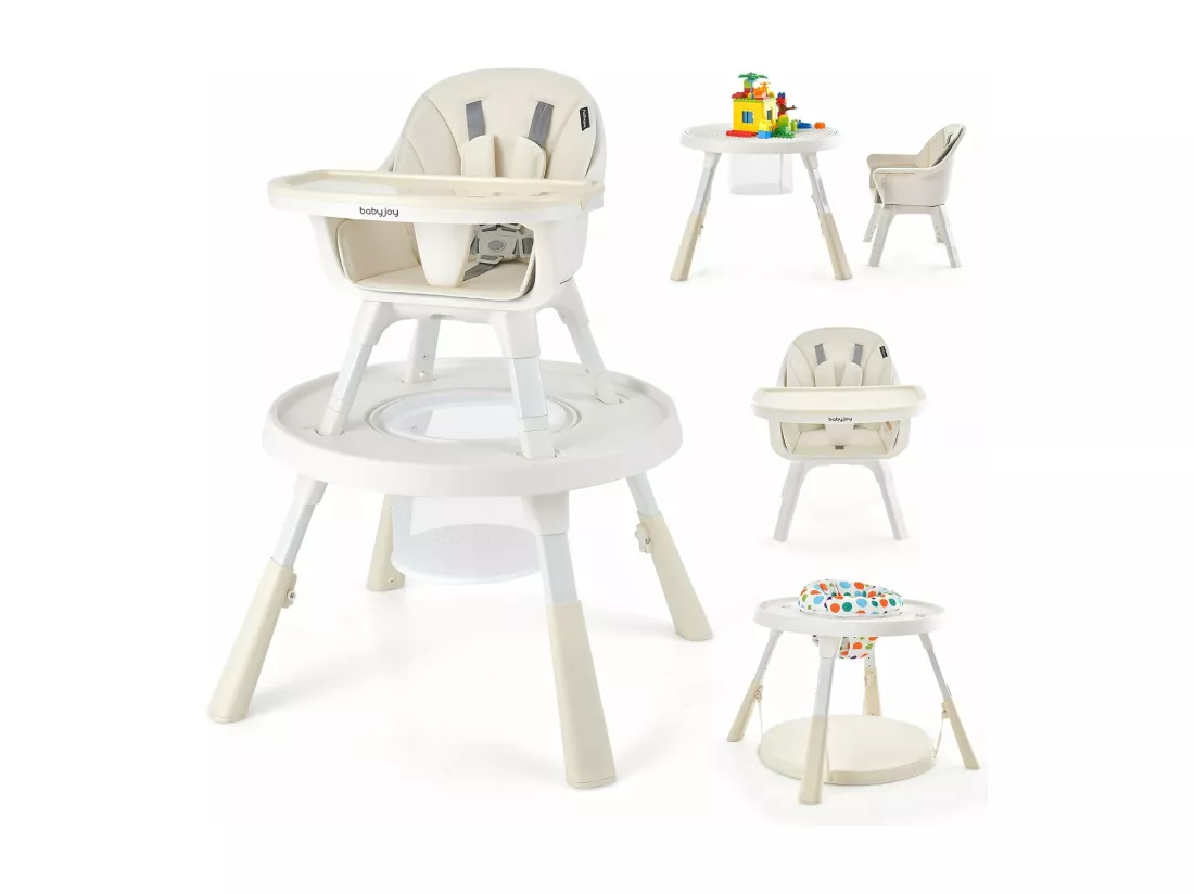 Chaise Haute Bébé Convertible 5-en-1, Chaise Haute Bébé Évolutive avec Plateau et Panier, Chaise Bébé pour Jeux, Hauteur Réglable à 3 Niveaux, de 4 Mois à 6 Ans, Charge : 18-35 KG (Beige)