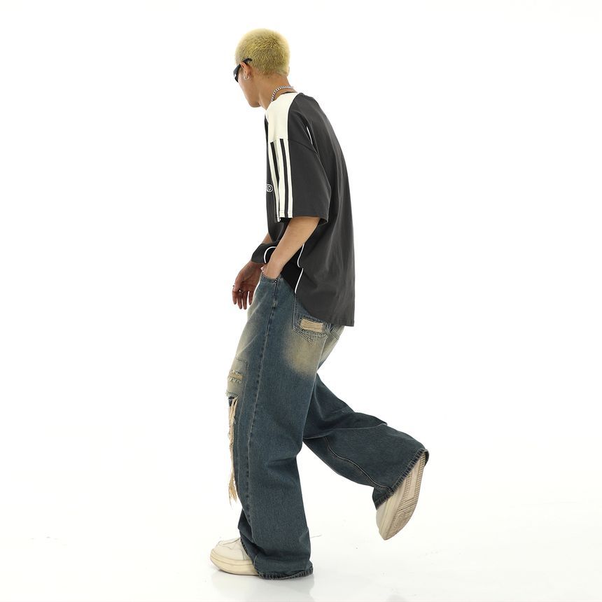 Meiksip - High-Waist Distressed Loose Fit Jeans