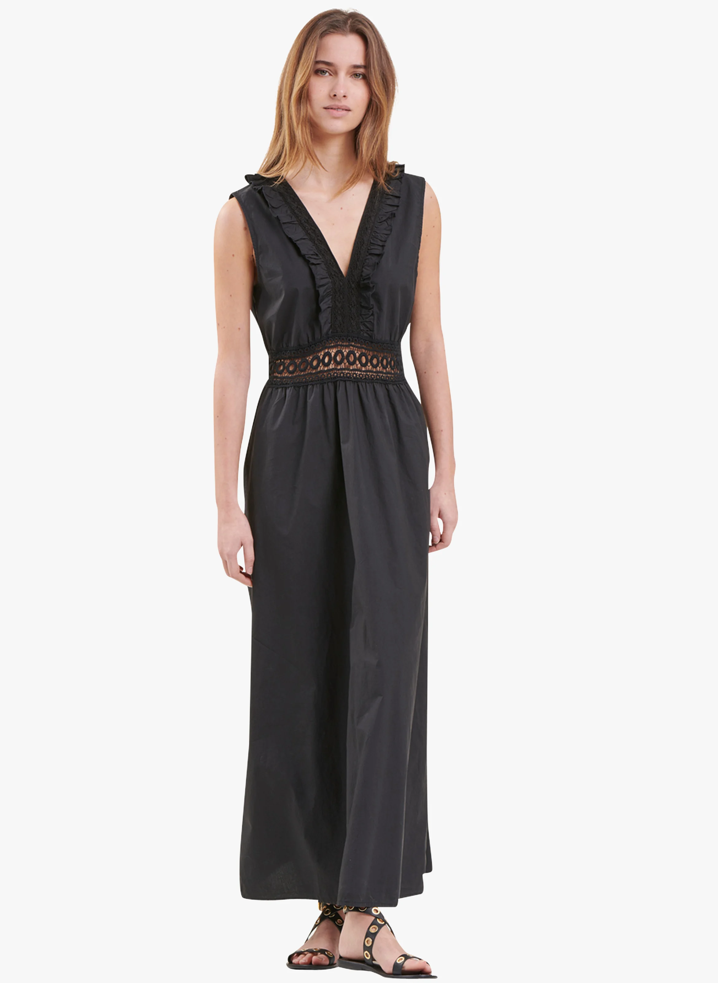 Robe longue droite col V en coton | Noir