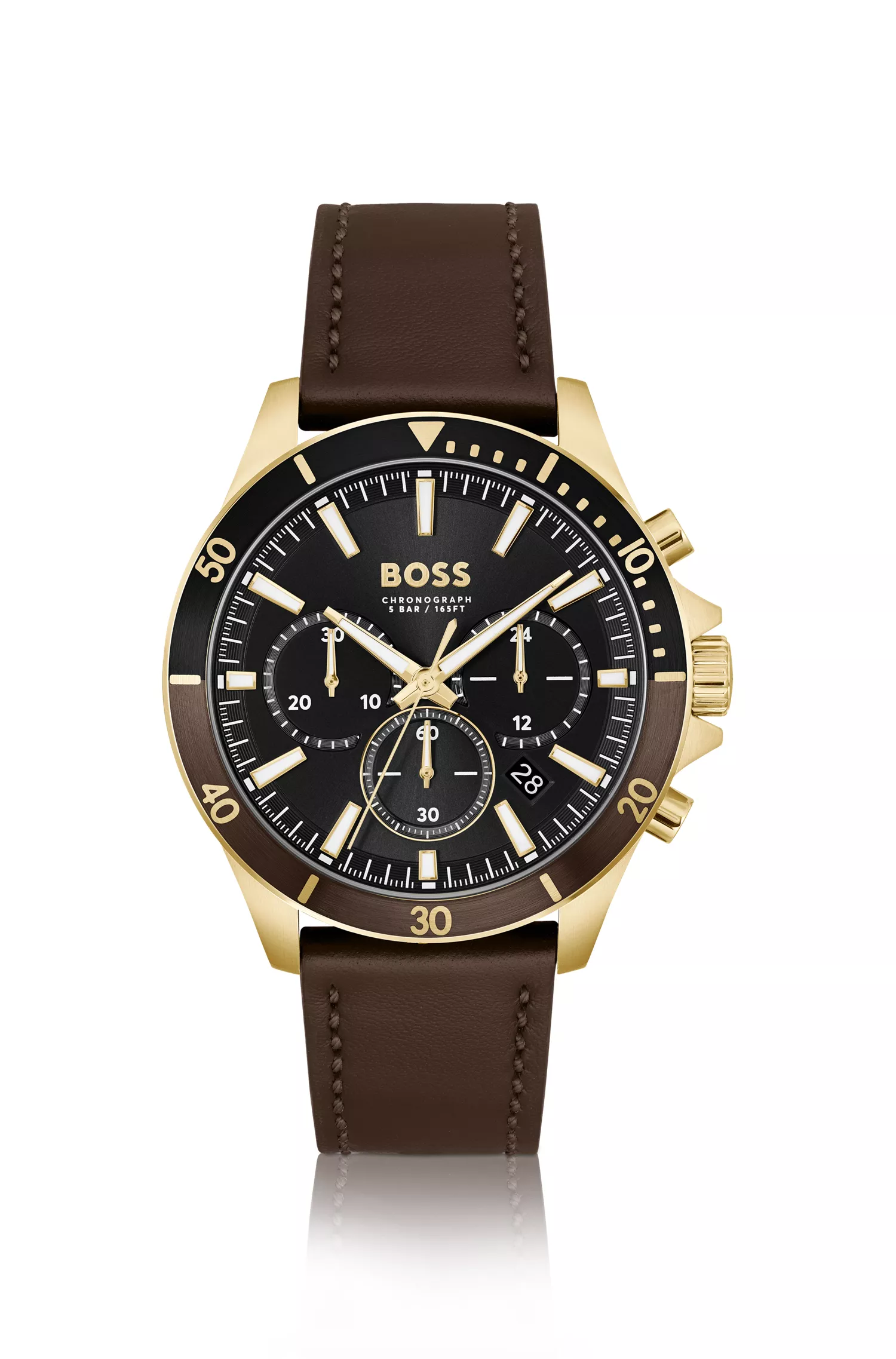 Relógio BOSS Black-Chrongraph com pulseira de couro marrom