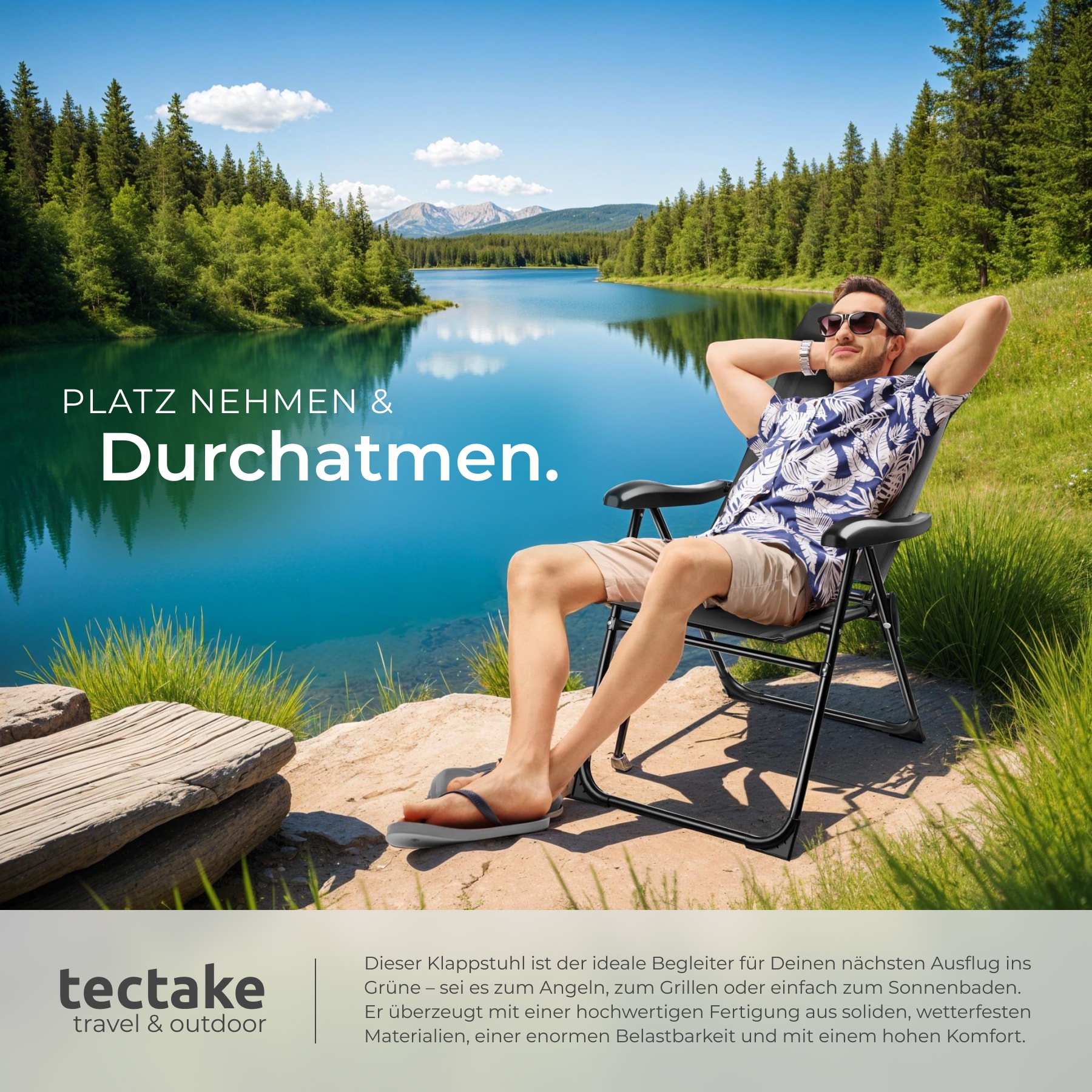 tectake® Campingstuhl, klappbar, 7-fach verstellbare Rückenlehne mit Kopfpolster, Belastbarkeit 120 kg, 57 x 65 x 112 cm