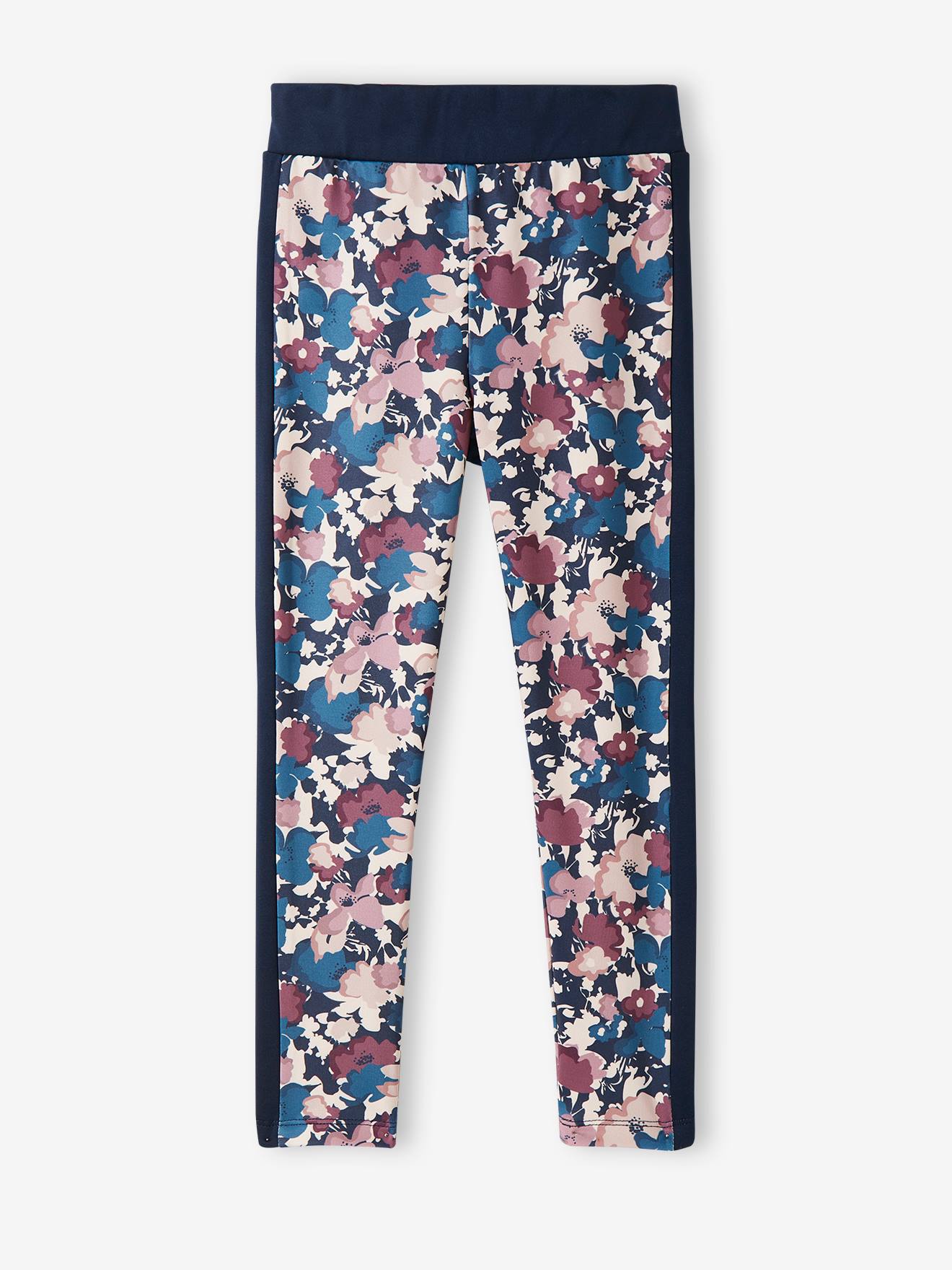 Leggings esportivas macias ao toque, estampadas em azul escuro para meninas.