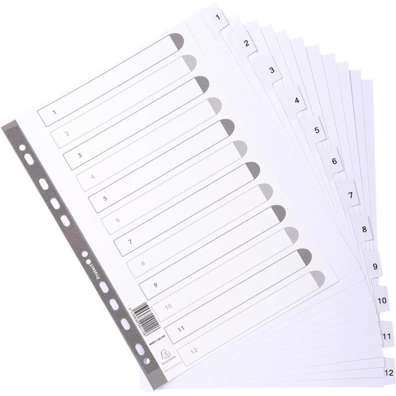 Intercalaires imprimés à touches plastifiées - 12 touches 1 à 12 - A4 maxi - Blanc