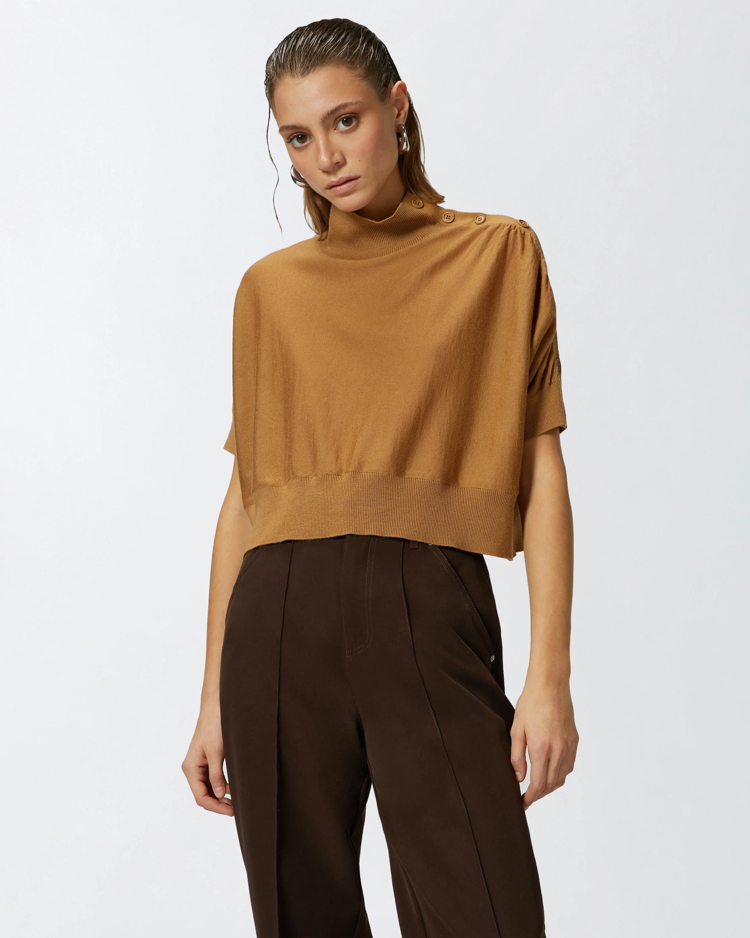 Pull court boutonné à manches mi-longues | Beige