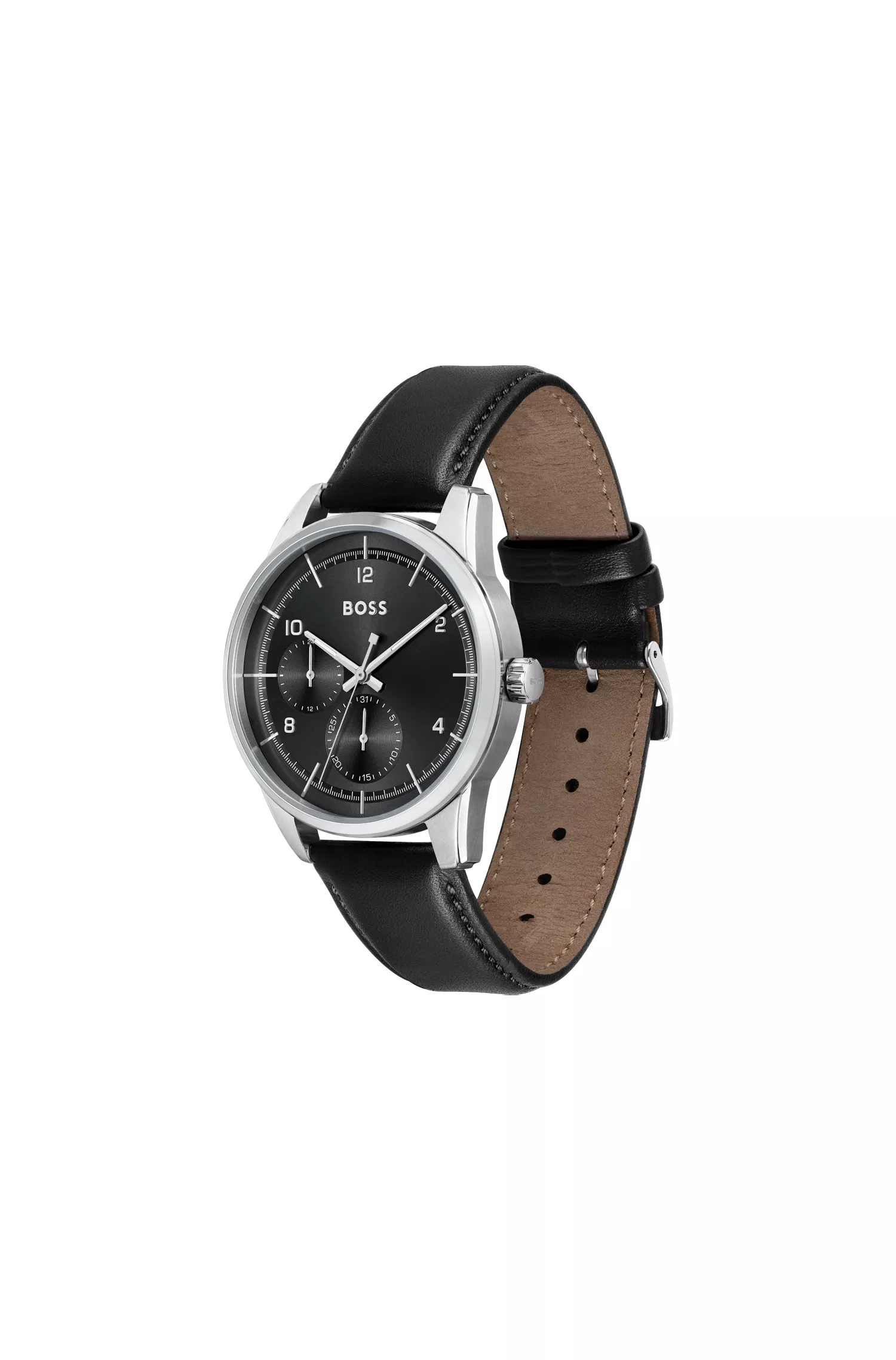 Relógio BOSS com mostrador laranja e preto e múltiplos indicadores, com pulseira de couro.
