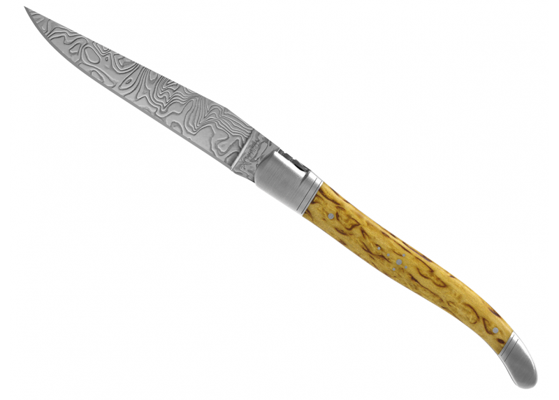Couteau Laguiole collection damas avec un manche en bois de bouleau et 2 mitres en acier inoxydable