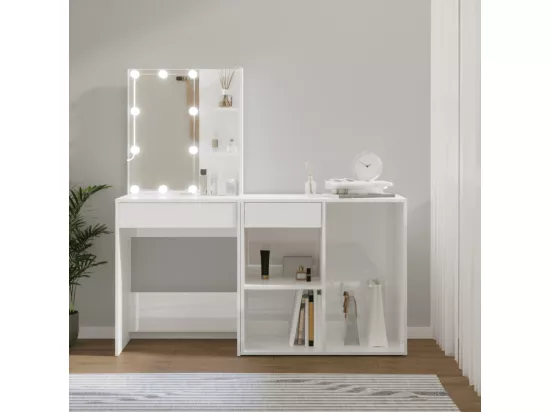 Coiffeuse à LED avec armoire Blanc brillant Bois d'ingénierie