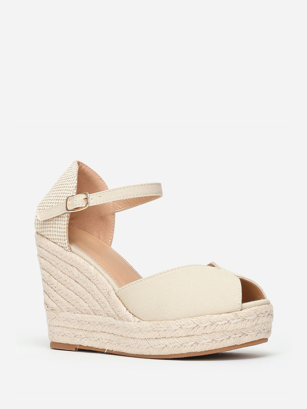 Espadrilles compensées peep toes en toile- Beige