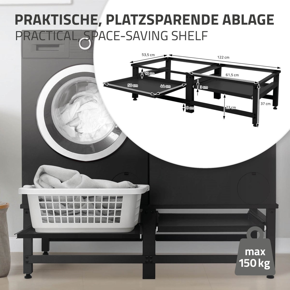 ML-Design Dubbele Wasmachine Onderstel met 2 Uitschuifbare Planken, Zwart, Staal, tot 2 x 150 kg + 10 kg, Verstelbare Voeten, Dubbele Wasmachine Onderstel, Dubbele Onderstel, Dubbel Platform, Verhoger
