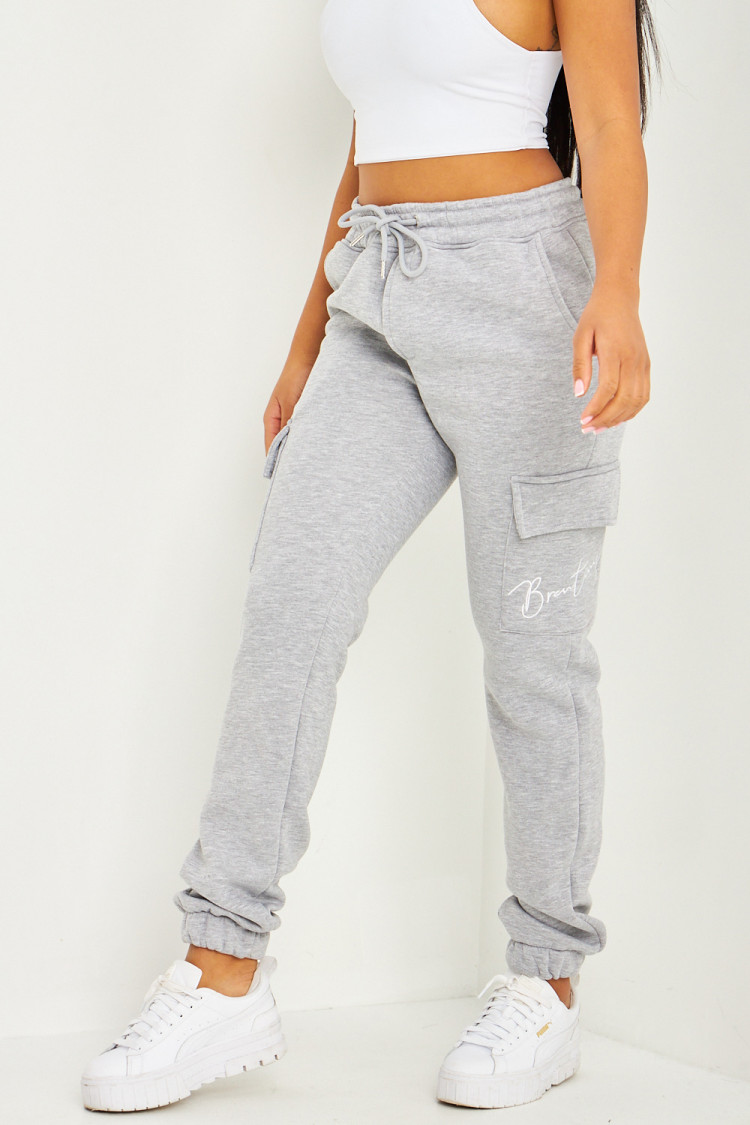 Pantalon de jogging gris clair poches cargo inscription Brentiny