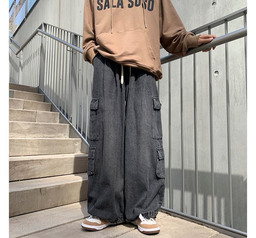 Trimecca - Mid Rise Washed Wide Leg Cargo Jeans