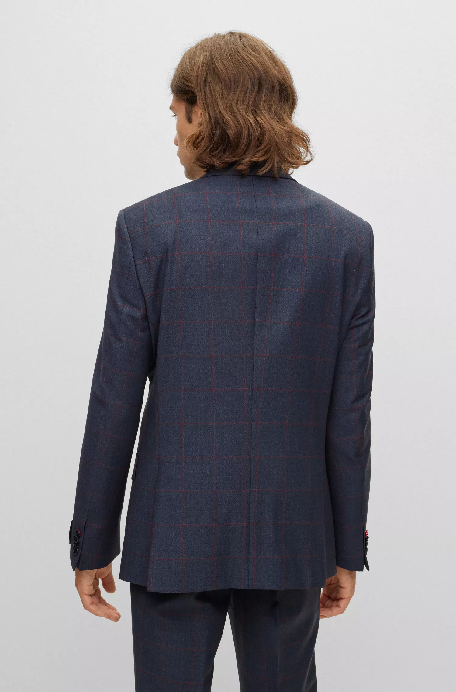 Terno slim fit xadrez vermelho HUGO em mistura de lã elástica.