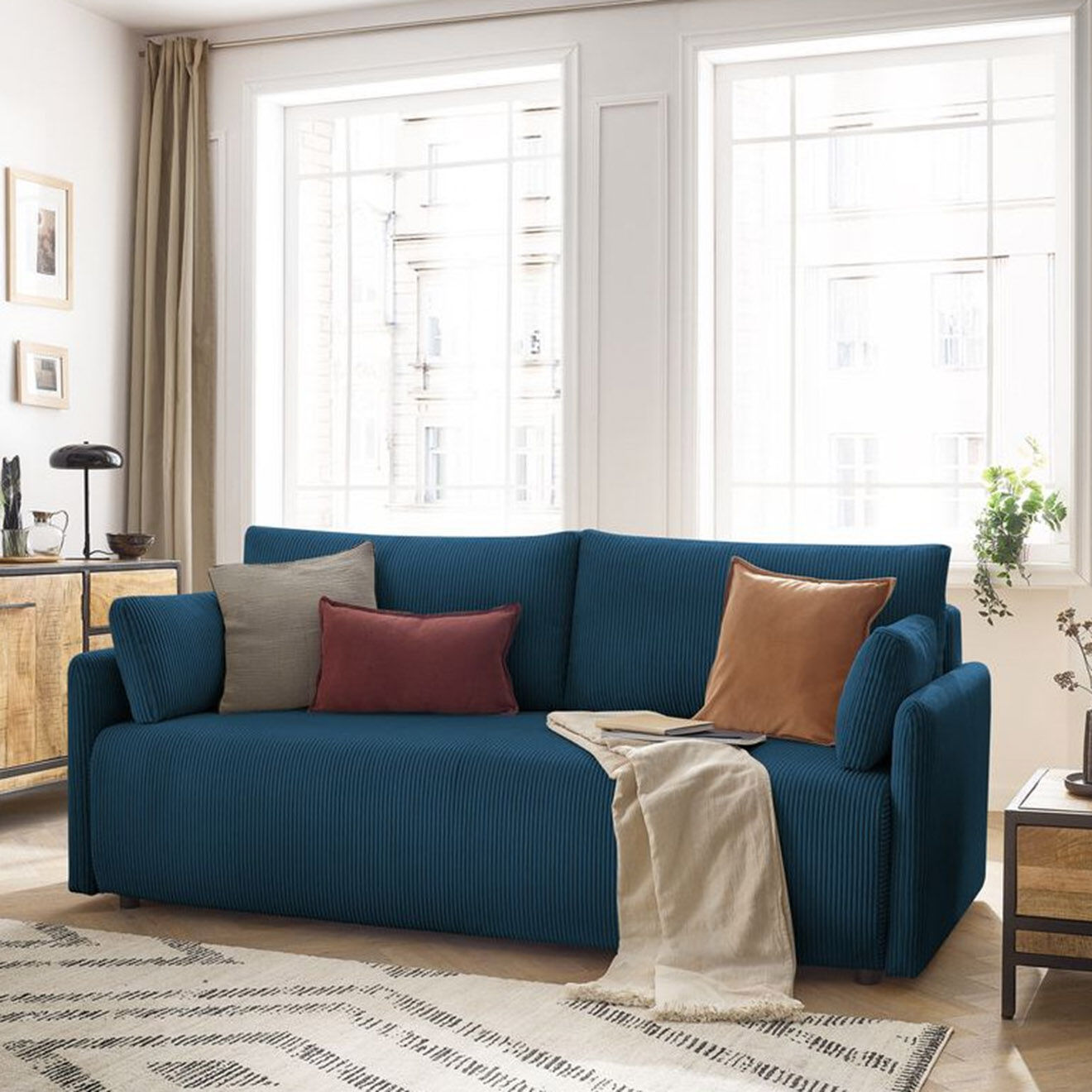 Bobochic Canapé convertible coffre marcel velours côtelé bleu foncé  - 211x100x86 cm