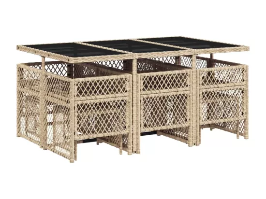 Ensemble à manger de jardin et coussins 11 pièces beige poly rotin