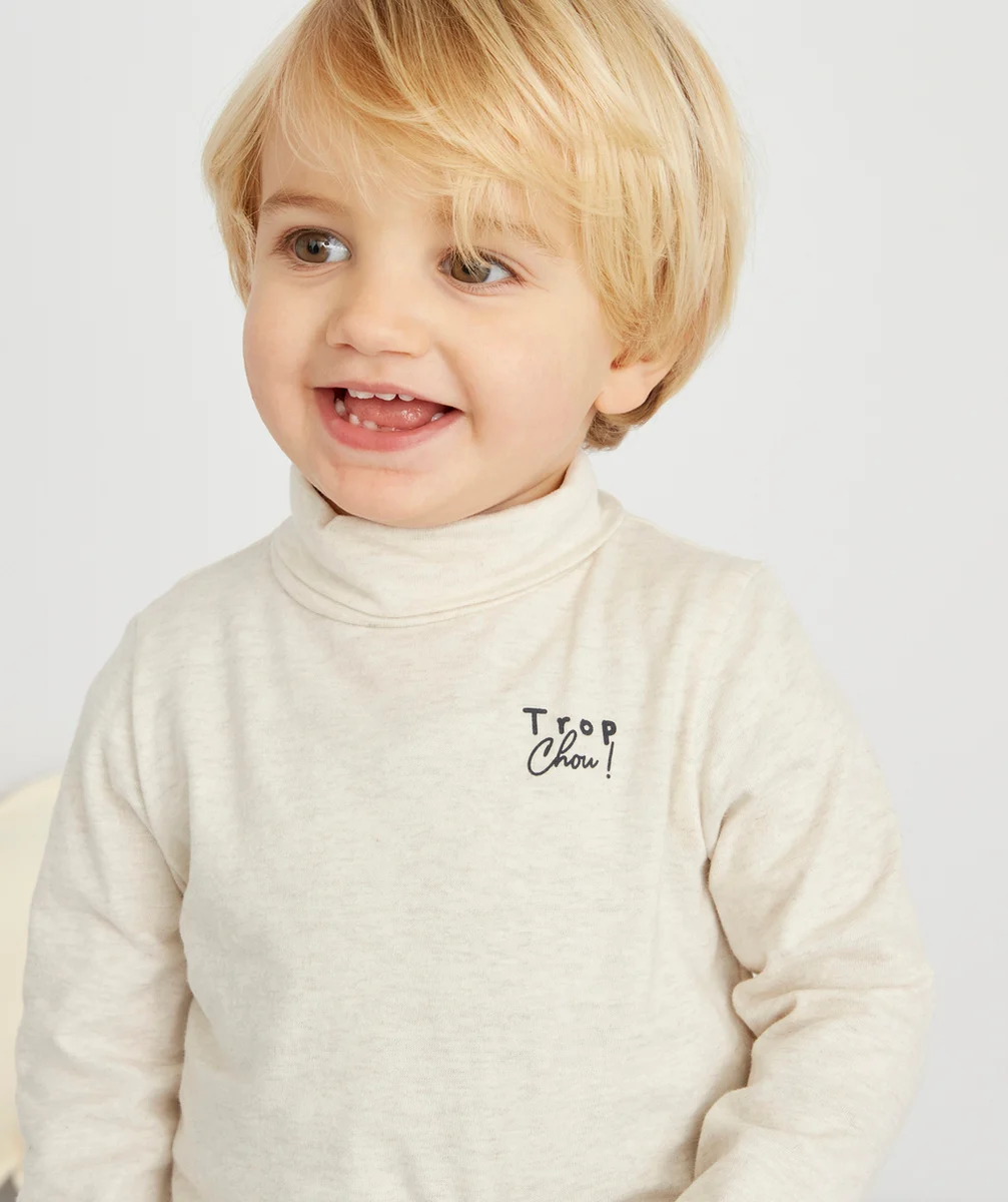 SOUS PULL COL ROULÉ GRIS CHINÉ BÉBÉ GARÇON AVEC MESSAGE
