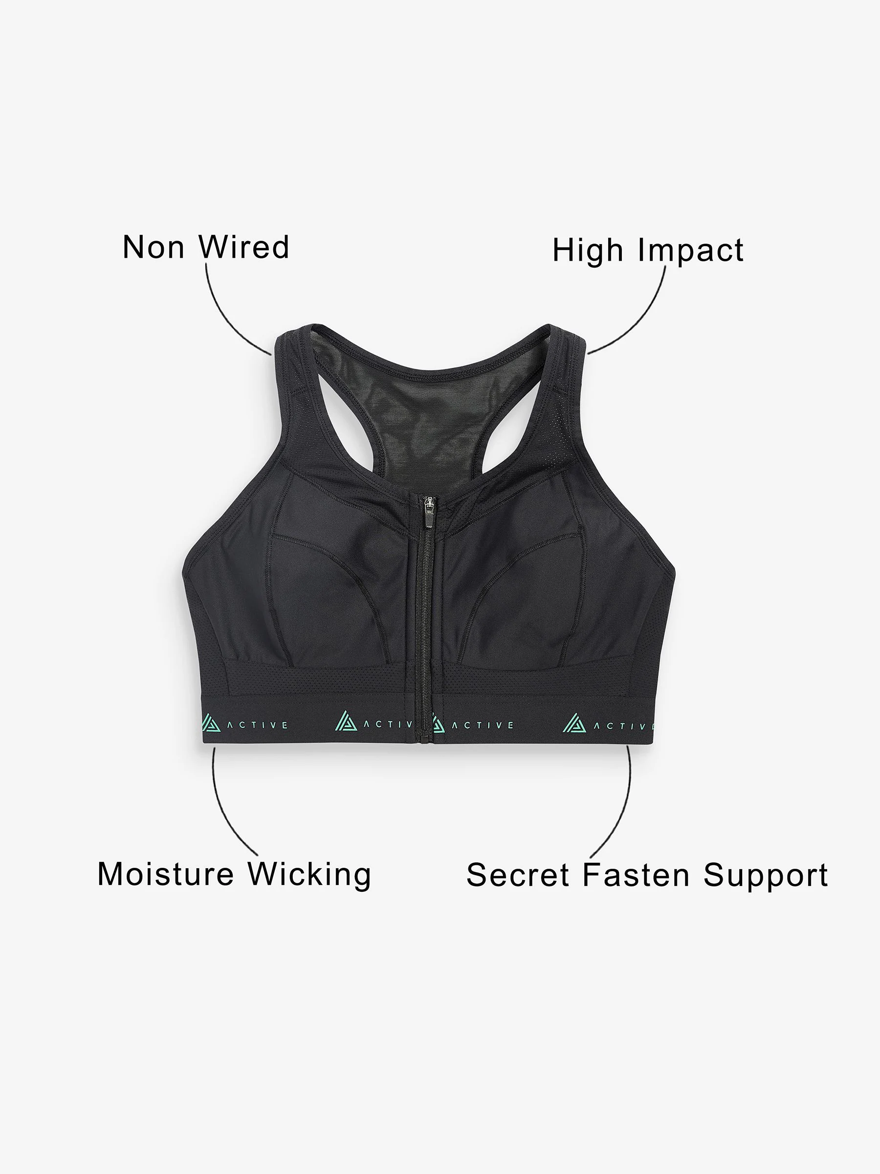 Zwart - DD+ Active Sports sportbeha voor hoge impact met Dry Tech en rits aan de voorkant